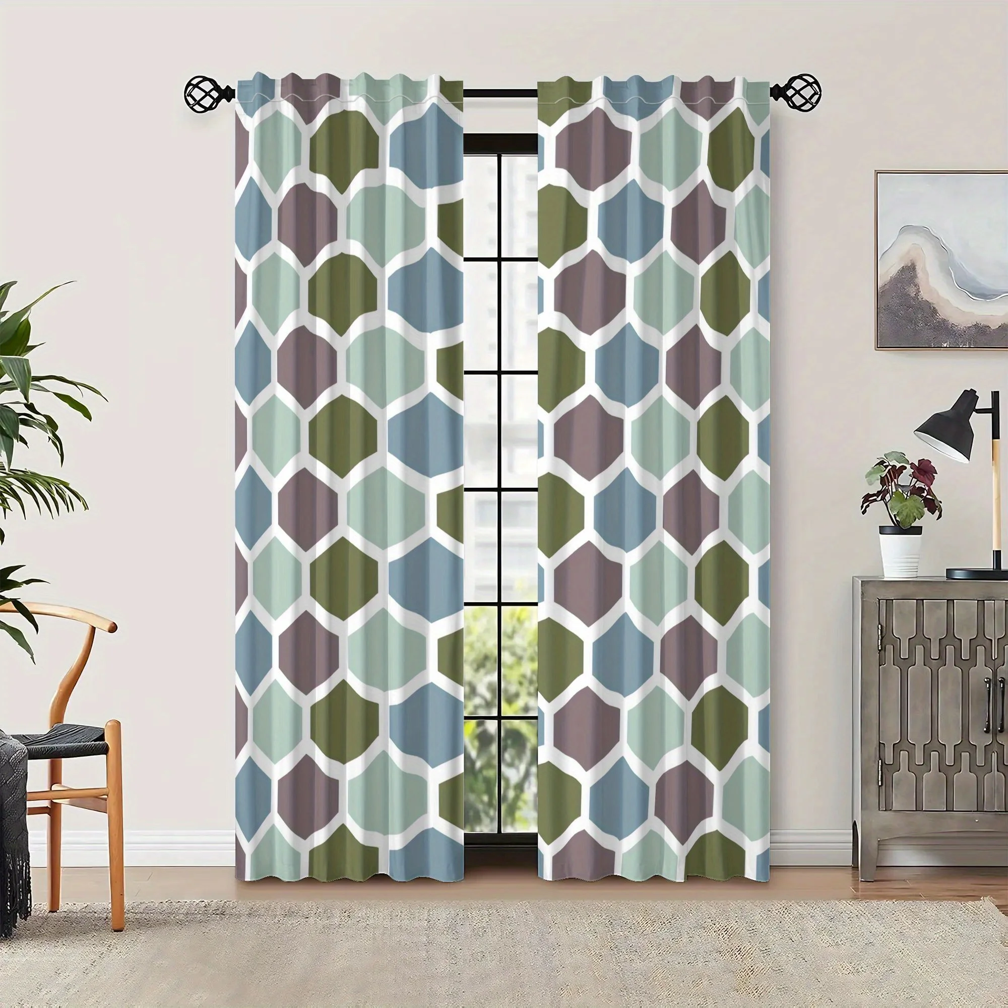 Modern Geometric Hexagon Print Curtains 2pcs Pair Abstract Window Drapes for Living Room Bedroom Home Decor Wall Curtain Panels