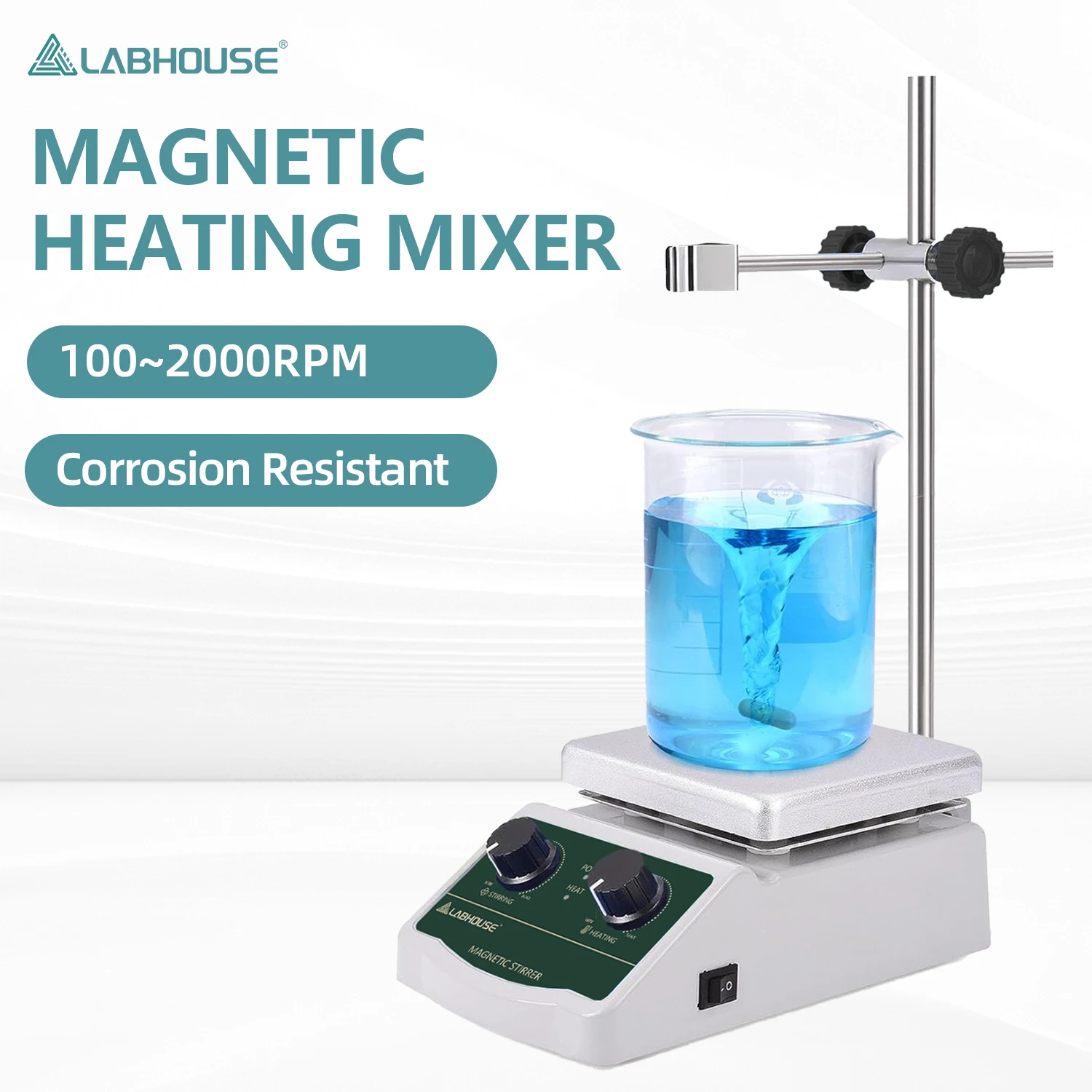 LABHOUSE LHS‑2B Hot Plate Magnetic Stirrer with Support Stand, Max 300°C/572°F, 2000 RPM, 2L Stirring Capacity, Variable Speed for Laboratory Heating and Mixing
