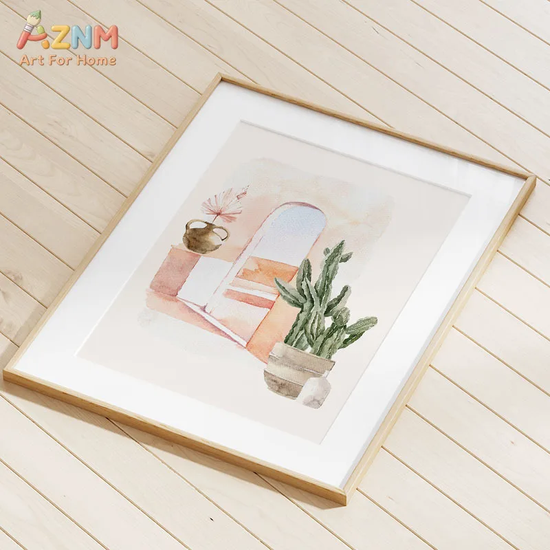 AZNM Blush Watercolor Boho Canvas Wall Art Woman Silhouette Mountain Desert Palm Cactus Moroccan Arch Abstract Unframed Canvas D