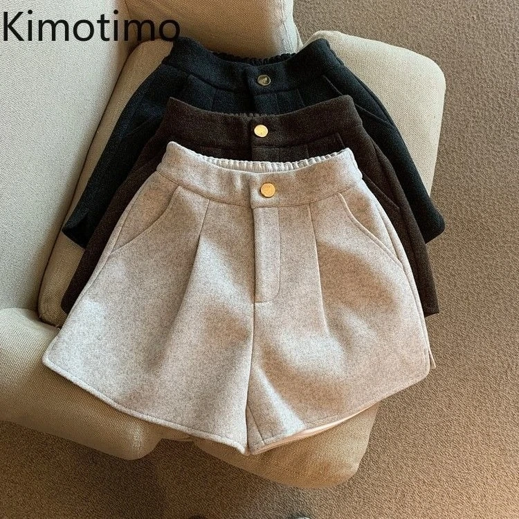 

Kimotimo, осенне-зимние шорты, женские простые однотонные шорты с карманами и высокой талией, широкие короткие брюки с разрезом, модные ретро универсальные Ropa Mujer