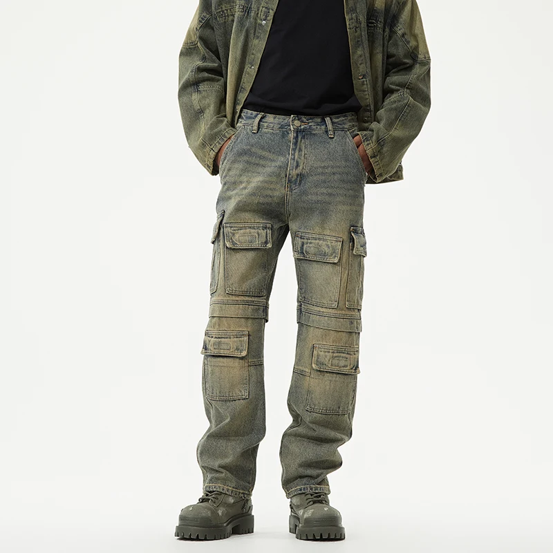 

American High Street Loose Men's Denim Workwear Pants Multiple kets Trendy Haome Autumn Long Straight Leg Jeans