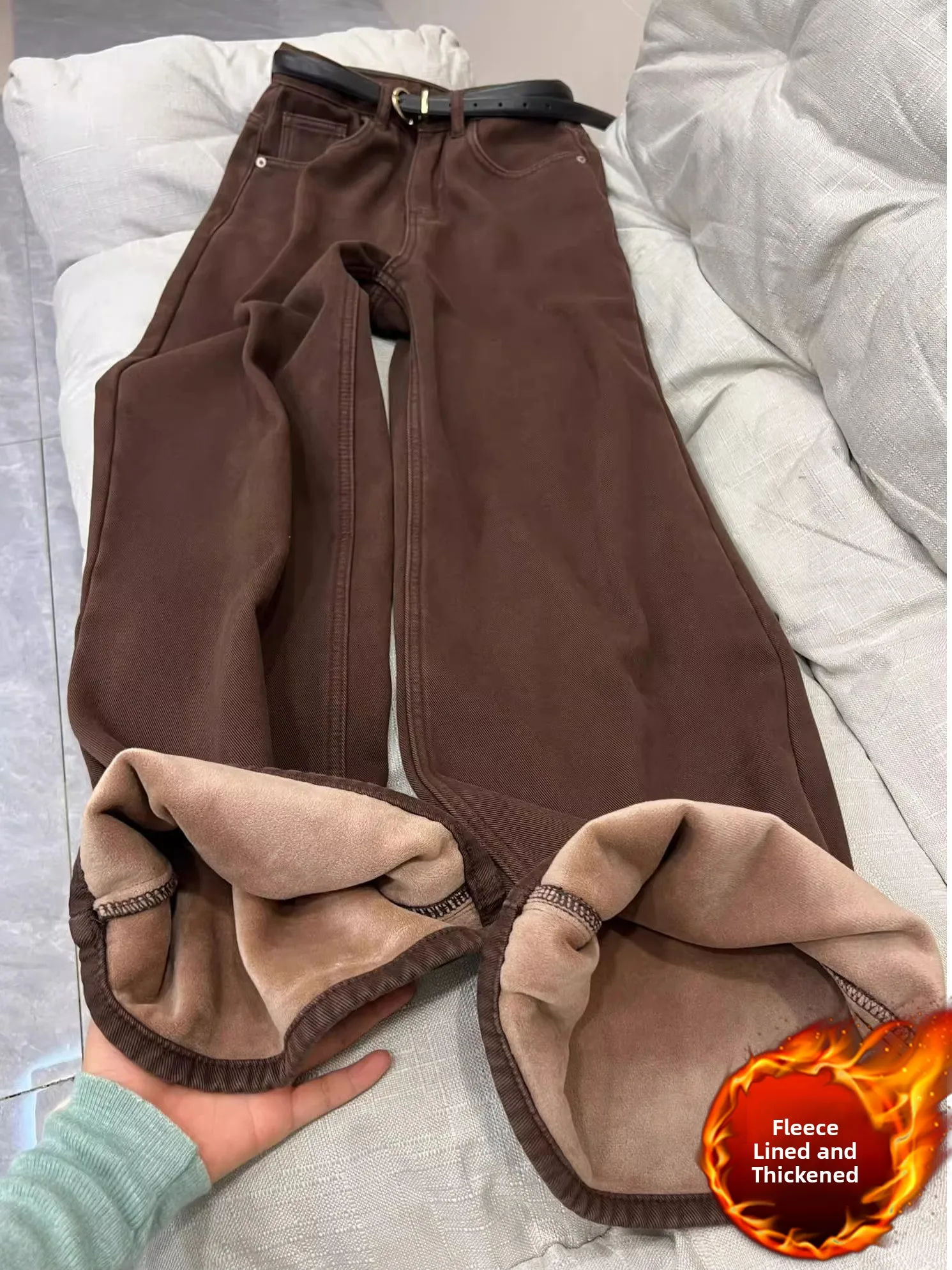 

High Waist Fce Lined Wide Leg Denim Jeans Women's plus Size Loose Straight Cut Slimming Autumn Winter Thiened Casual Tro...