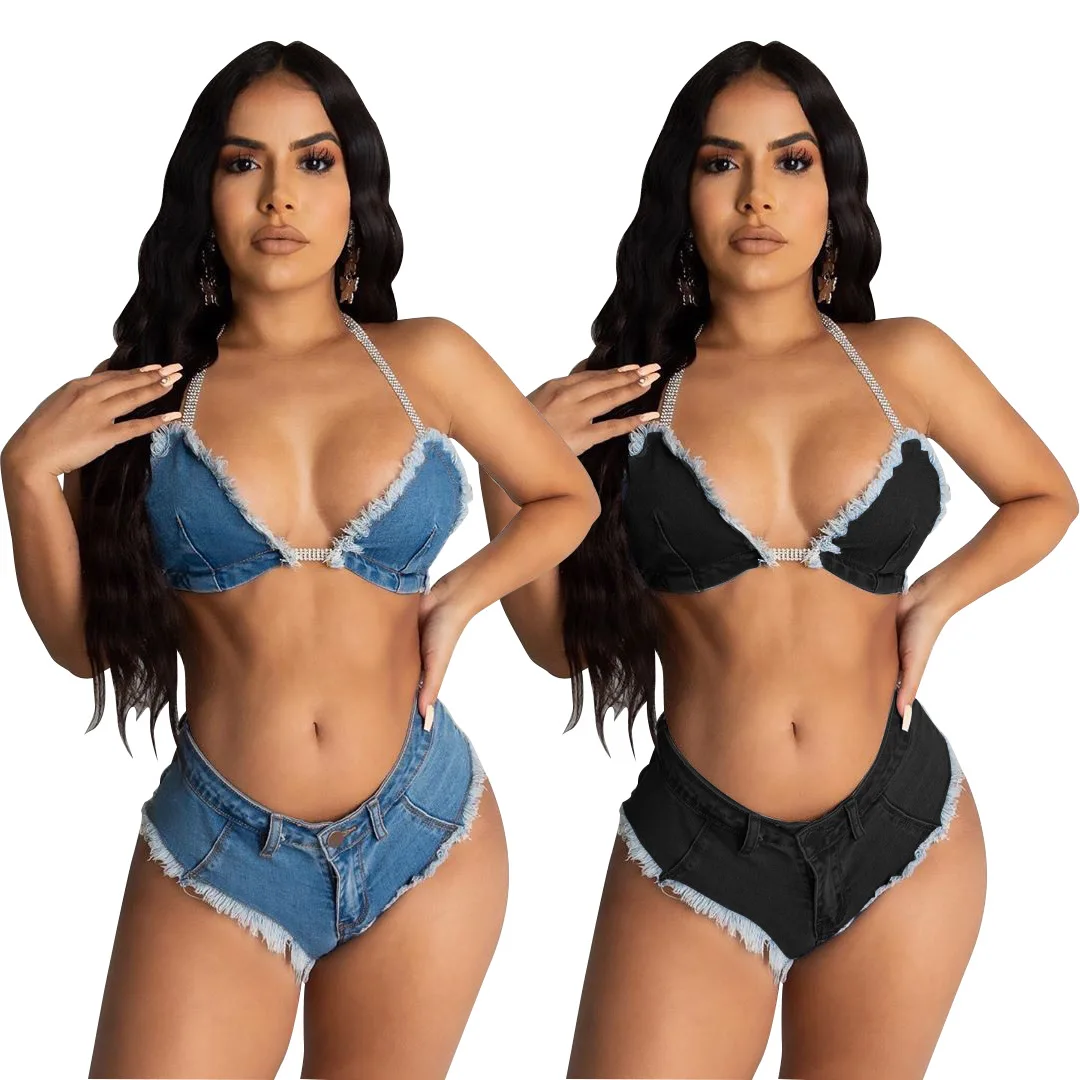 

Sexy Jean Swimsuit Women 2 Pieces Set Tassled Denim Halter Drawstring Bra + Mini Shorts Women's Party Club Swimwear Bikini Suit