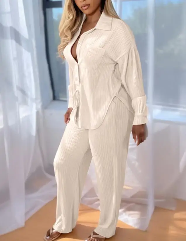 2피스 라펠 버튼 프론트 포켓 디자인 비대칭 밑단 탑과 드로스트링 엘라스틱 웨이스트 와이드 레그 팬츠 세트 캐주얼 텍스처 세트