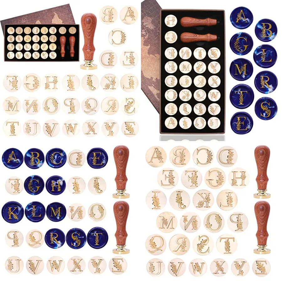 

Initial Alphabet Wax Seal, Vintage Botanical Leaves 26 Letters A-Z Sealing Stamp with 2pcs Wooden Handles for Wedding Party Inv