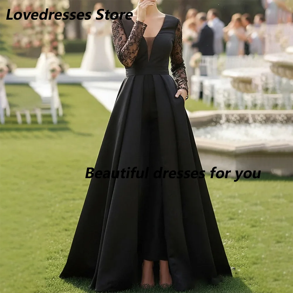 Customized Black Mother of The Bride Dresses Satin Long Formal Party Dress V Neck Long Sleeves A Line Wedding Guest Gowns