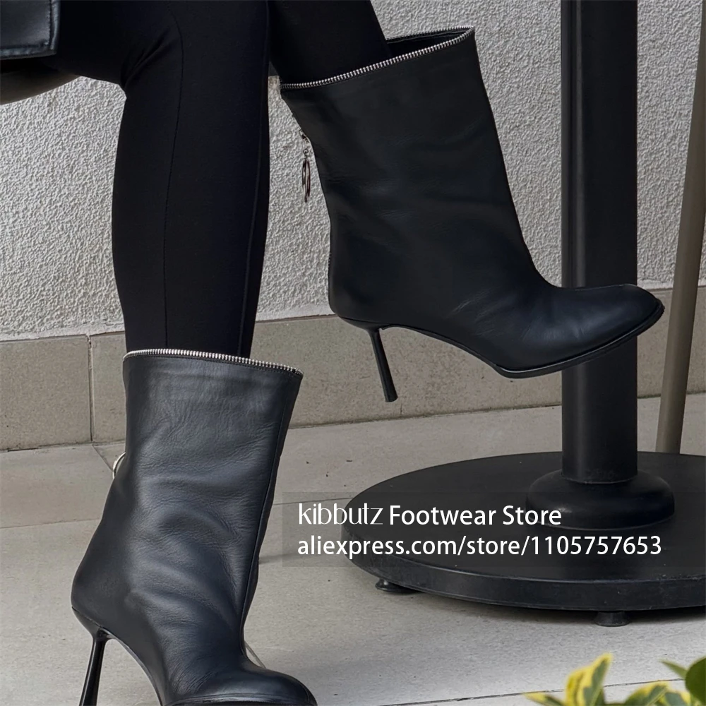 Front Full Zipper Design Round Toe Mid Calf Boots Easy Zip On Closure Dress Mid Calf Boots Smooth Leather Upper Stiletto Boots
