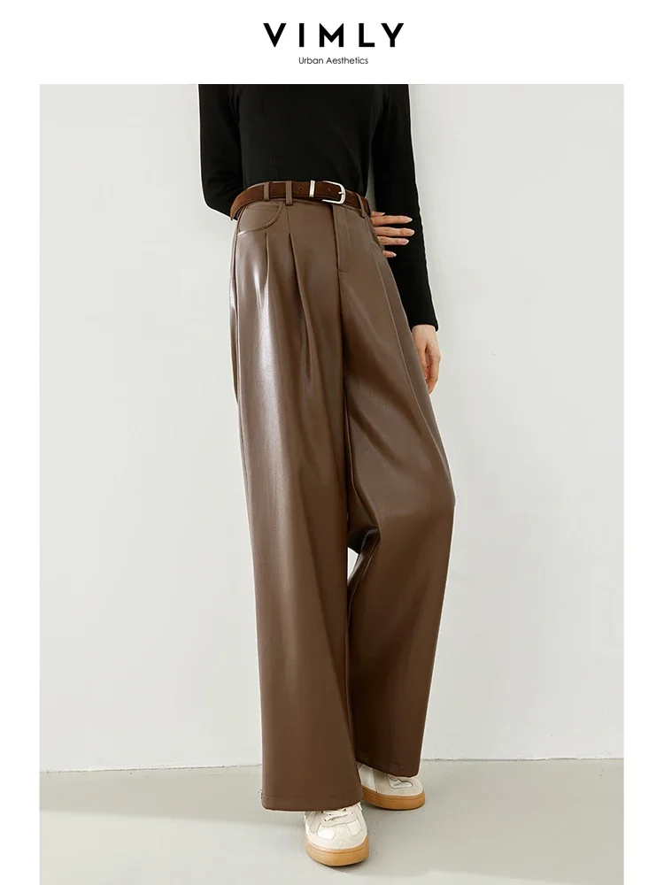 VIMLY Women Vintage Soft Pu Leather Pant Winter Faux Leather Straight Loose Wide Leg Baggy Office Lady Pant Casual Trousers16322