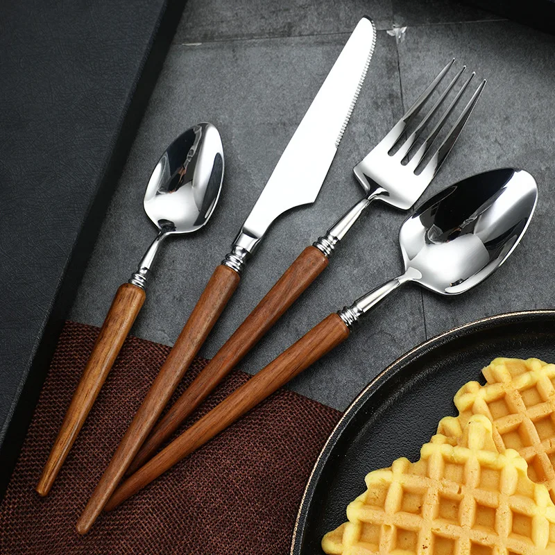 1/2/4/6 Set Stainless Steel Wooden Handle Cutlery Set Pointed Tail Rosewood Dinnerware Western Knife Fork Tea Spoon Tablewere