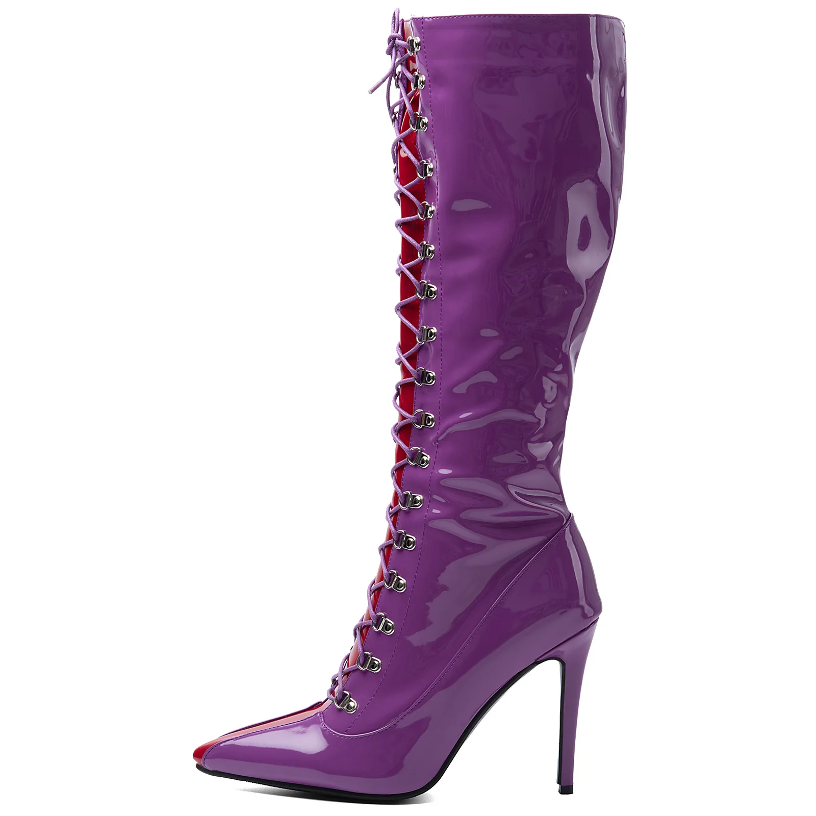 Purple Red Patent Leather Knee High Boots Women Two Tone Spliced Pointed Toe Front Lace Up Thin High Heels Party Catwalk Shoes
