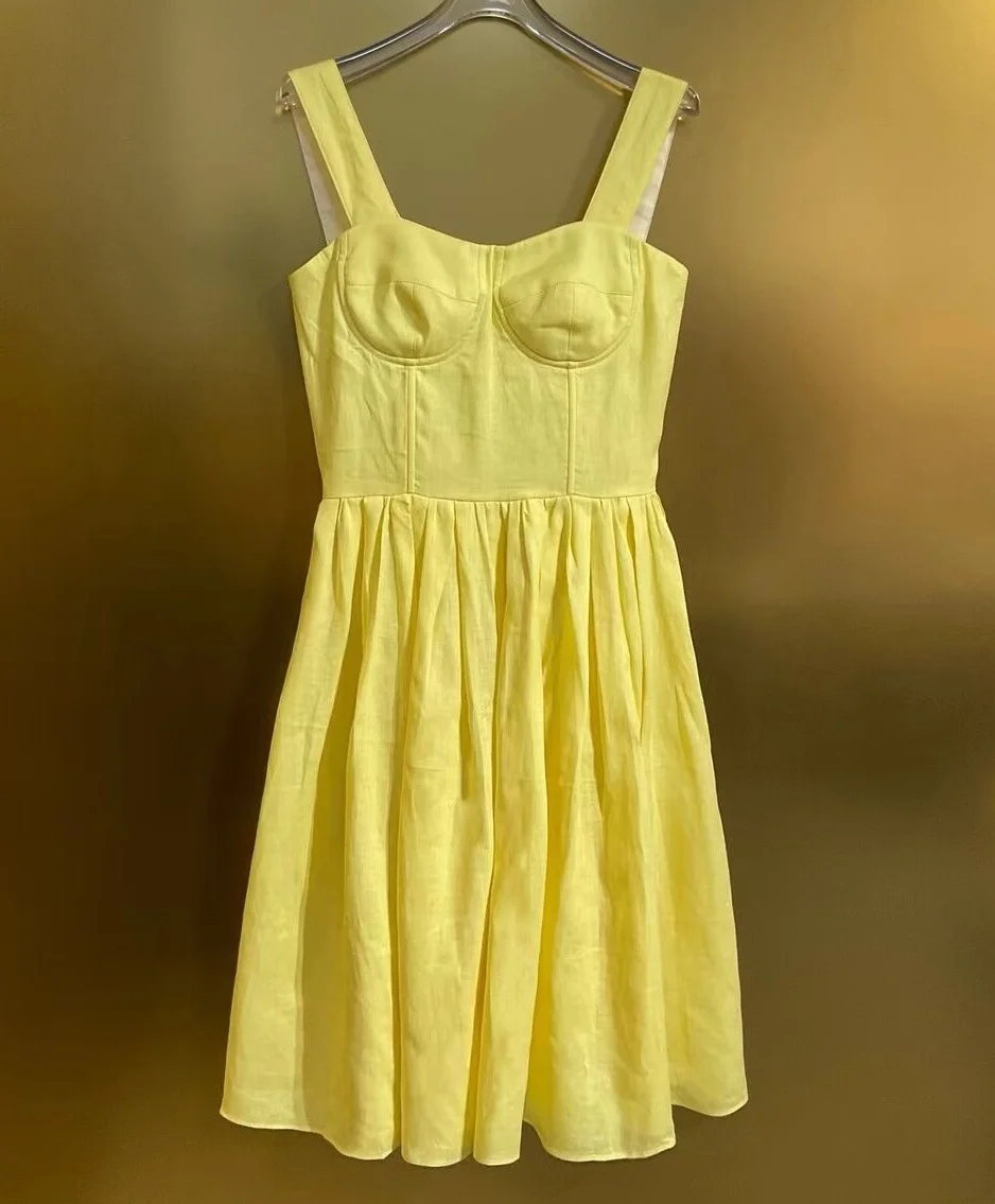 

Top Quality New Linen Dress 2025 Summer Fashion Party Club Lady Spaghetti Strap High Waist Mid-Calf Length Blue Yellow Dress XXL