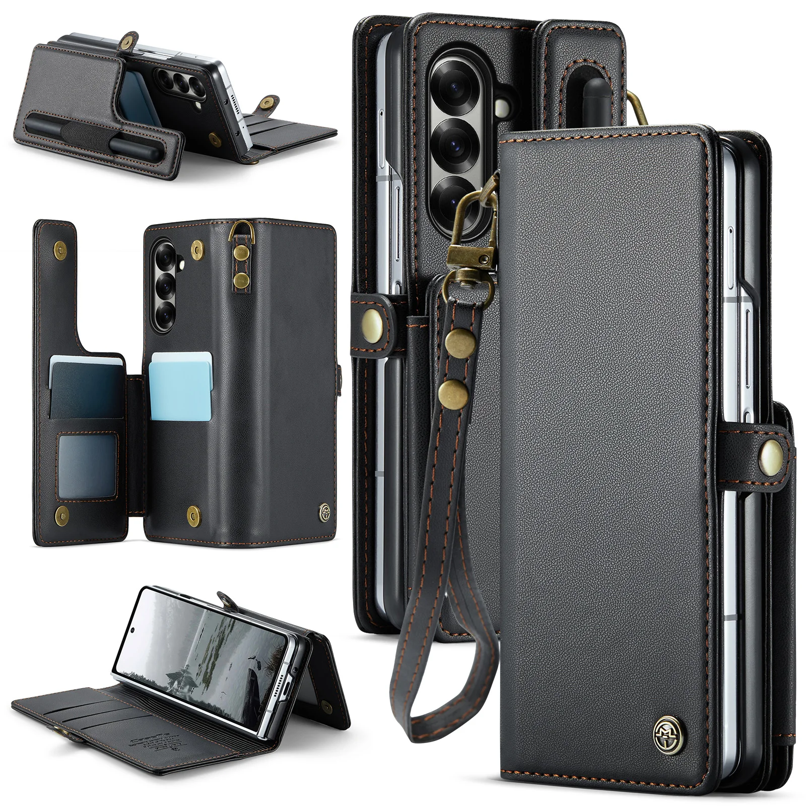 

CaseMe-C22 Fashion Wallet Case For Samsung Galaxy Z Fold 6 7 Magnetic PU Leather Card Cover with Pen Slot Protective Skins Strap