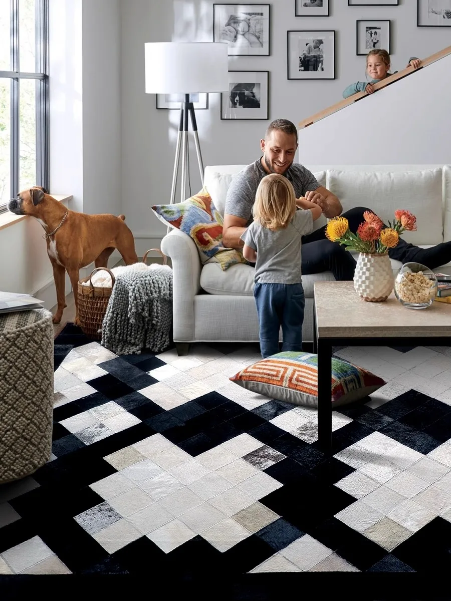 Black White Geometry Living Room Carpet Real Cow Hide Handmade Luxury Bedroom Rugs Black White Simple Villa Big Size Floor Mat