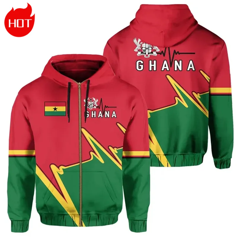 3D Printed African Country Ghana Map Flag Zip Up Hoodies The Republic-of Ghana Emblem Graphic Pullovers Vintage Mens Sweatshirts