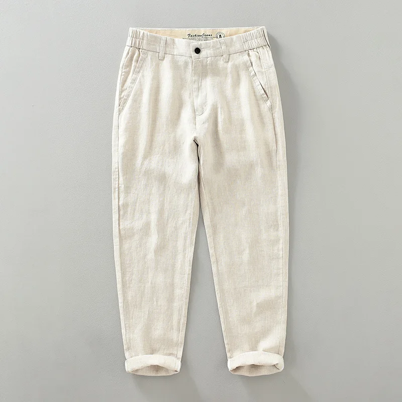 

Японские винтажные брюки из 100% льна, мужские летние повседневные повседневные брюки с девятью точками, мужские брюки-карандаш цвета хаки с полуэластичной резинкой на талии, дышащие