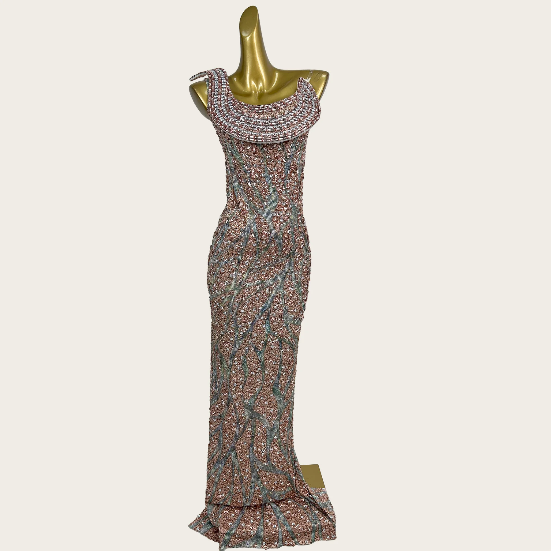 Luxury Rose Gold Gradient Beaded Long Dress Women Strapless Crystal Bodycon Event Sparkly Rhinestone Gala Sexy Couture Wanyue