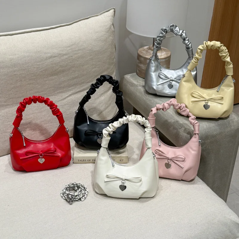 Fashion Sweet Folds Bow Knot Women's Handbags 2026 New Korean Solid Color Chains Shoulder Bag Spring Exquisite Messenger Bags