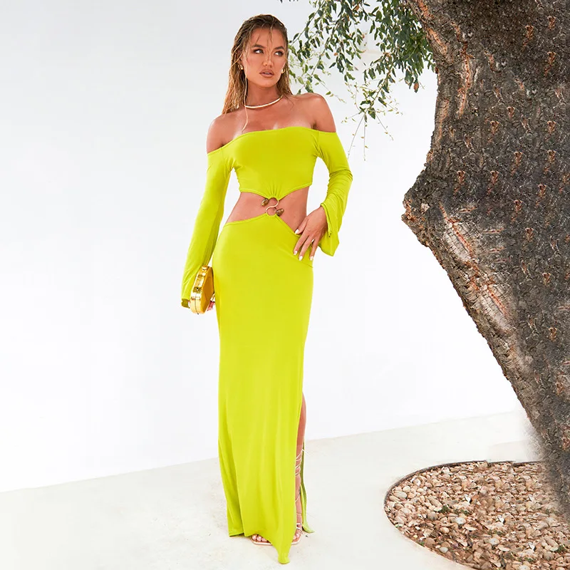 Robe d'été Sexy à une épaule, manches longues, taille découpée, fente, couleur Pure, vêtements pour femmes d'Europe et d'amérique, nouvelle collection