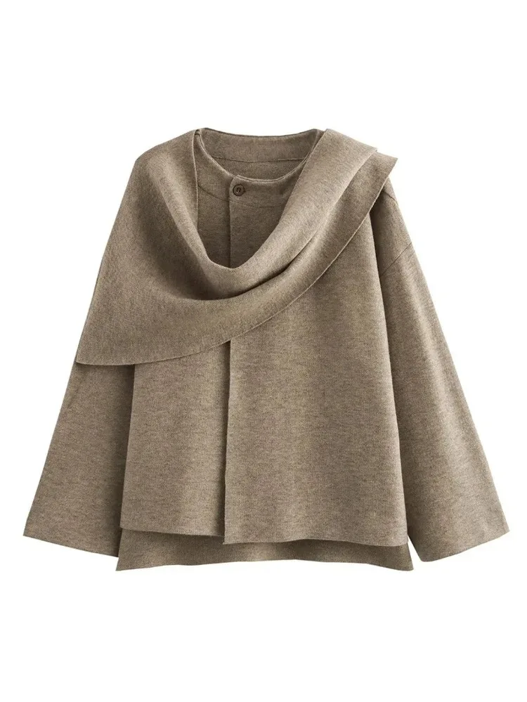 Women's Clothing Autumn and Winter Scarf Knit Short Coat Casual Solid Color Loose Jacket Single-Breasted Long Sleeve Coat
