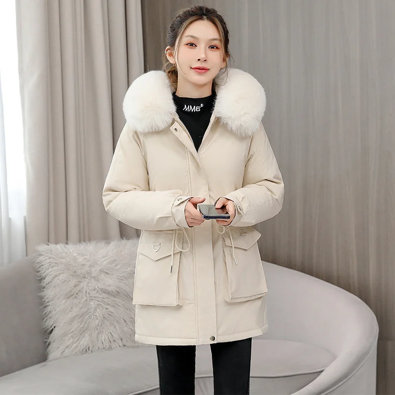 

2024 Women Winter Parkas Faux Lambswool Liner Fleece Overcoat Fur Collar Hooded Coat Female Windproof Warm Cotton-padded Jackets