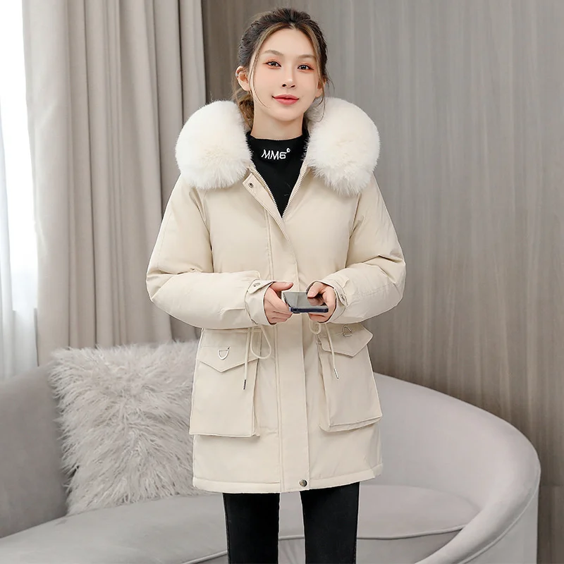 2024 Women Winter Parkas Faux Lambswool Liner Fleece Overcoat Fur Collar Hooded Coat Female Windproof Warm Cotton-padded Jackets