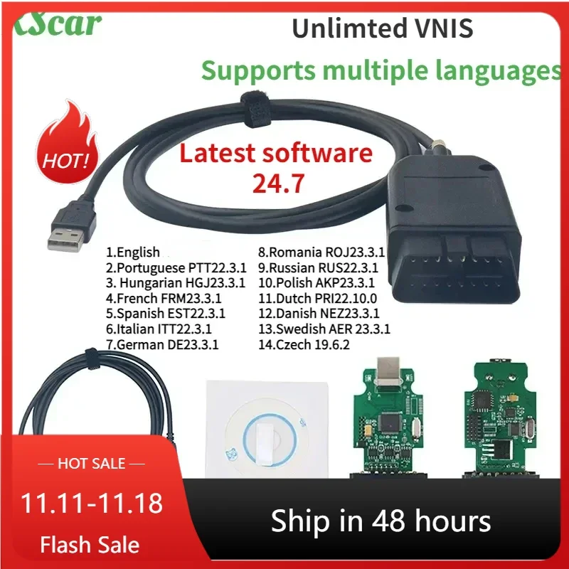 Última interfaz USB V24.7 HEX V2 VIN ilimitados ATMEGA162 OBD2 escáner HEX V2Cable coche para herramienta de diagnóstico multilingüe VaG