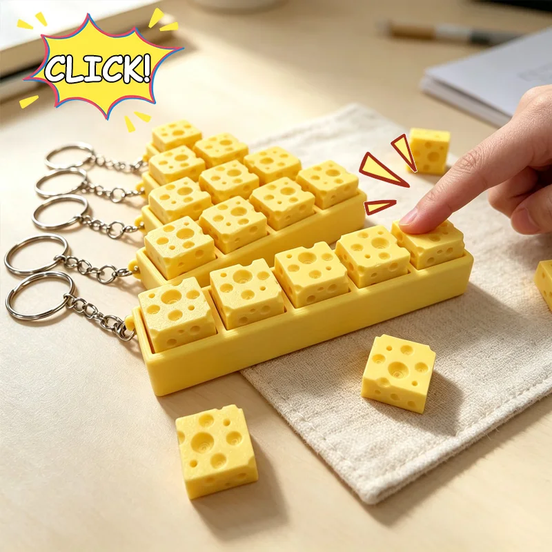 Cheese Shape 3D Printed Keycap Fidget Keychain Clicker Sound Stress Relief Bag Pendant Charms Accessories Christmas Party Gift