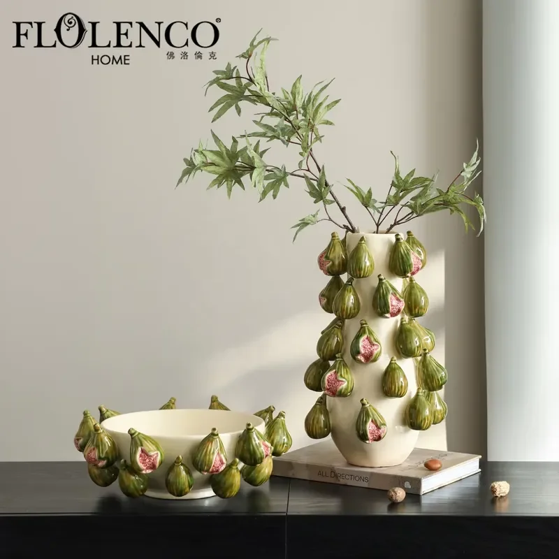 Flolenco Handmade 3-Piece 3D Fig Embossed Pottery Ceramic Vase Green Floral Vases Fruit Bowl for Tabletop Display Home Decor