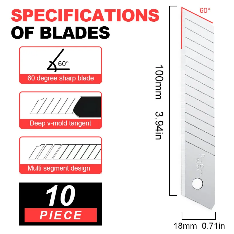 CK75 Steel Utility Knife Replacement Blades 18mm Snap Off 0.5mm Thin 60° Sharp Edge for Industrial Cutting Box Cutter DIY