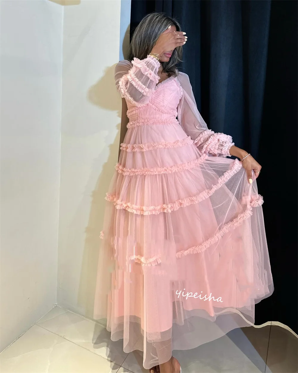 Abito da sera in Tulle drappeggiato per san valentino con scollo a v occasione su misura Midi es Arabia saudita