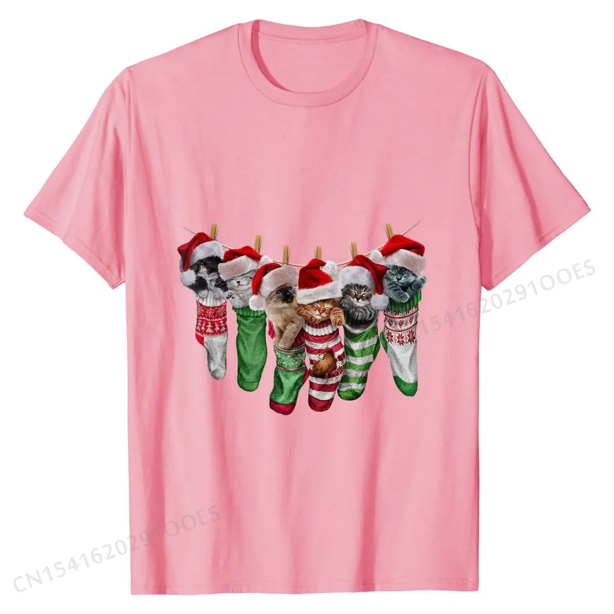 T-Shirt, Cute Sleepy Santa Kittens in Christmas Socks, Cat Retro Custom T Shirt Cotton Tops Shirt for Adult Summer