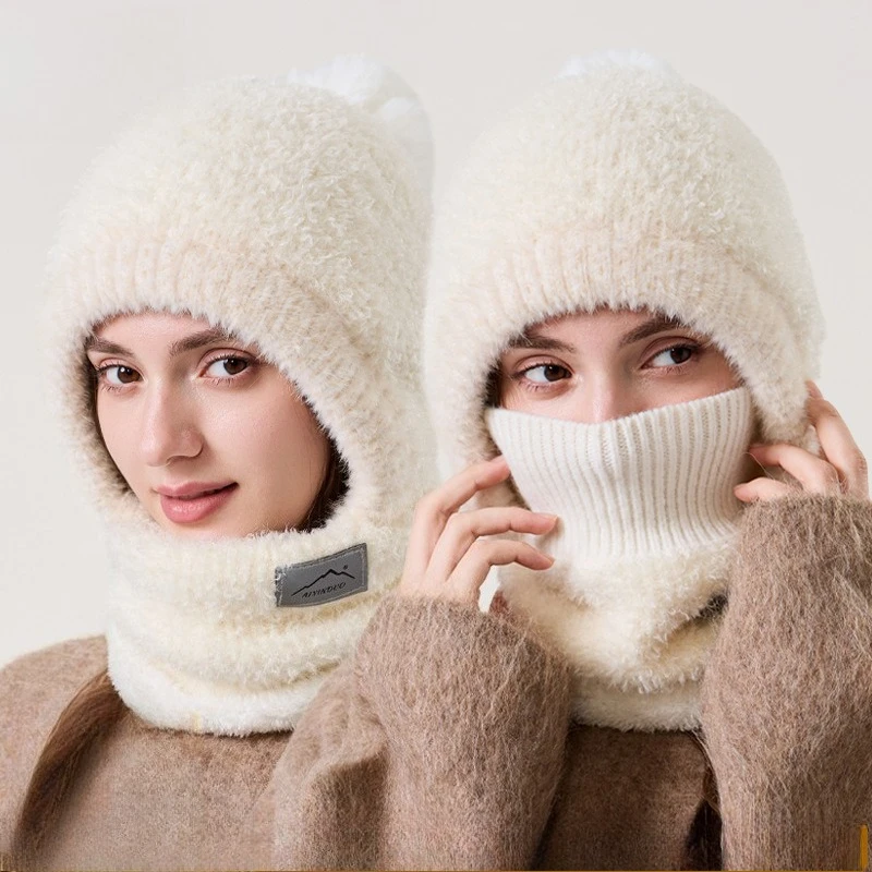 Popular Winter Plush Face Protection Versatile Warm Knitted Hat Scarf Integrated Plush Fashion Ear Protection Neck Cap Unisex