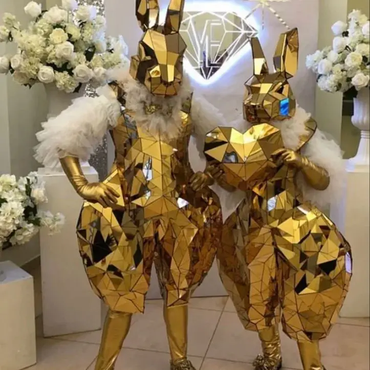 

Custom Hand-Sewn Lace Golden Rabbit Mirror Man Costume for Former Show and Amusement Park Parades