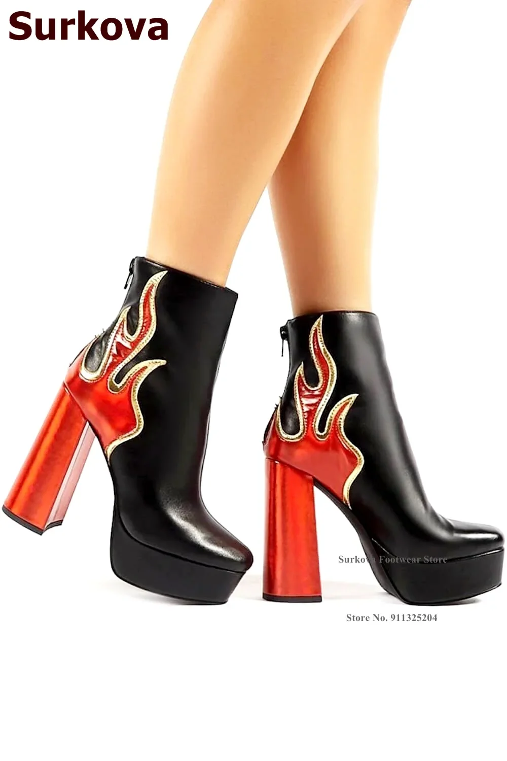 Surkova Flame Detail Platform Block Heeled Ankle Boots Black Red Chunky Heels Color Patchwork Dress Shoes Women Zipped Booties