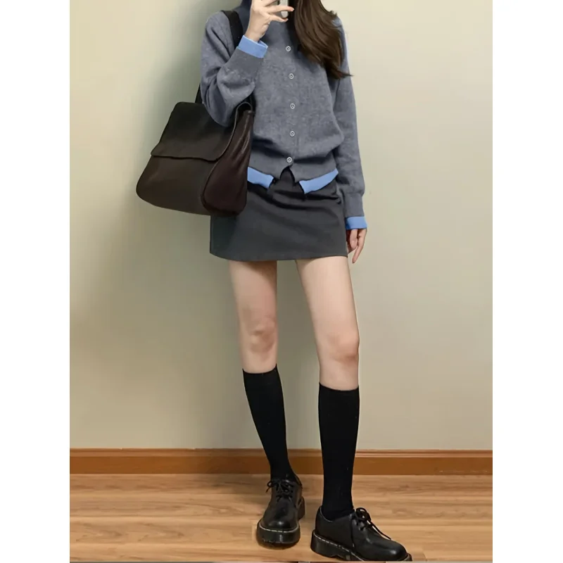 Otoño e Invierno nueva moda mujer suéter gris suave suéter de punto Top Casual y versátil cárdigan con botones