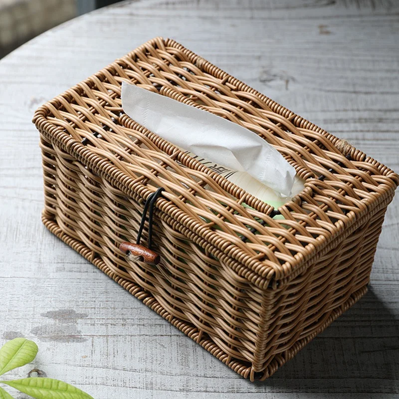 Imitated Rattan Draw Box Tissue Box Elegant Home Decoration Handmade Desktop Tissue Box Napkin Storage Box