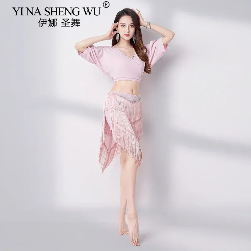 Women's Belly Dance Costume V Neck Fringe Skirt Set Sexy Sequin Latin Dance Performance Practice Wear Outfit For Stage
