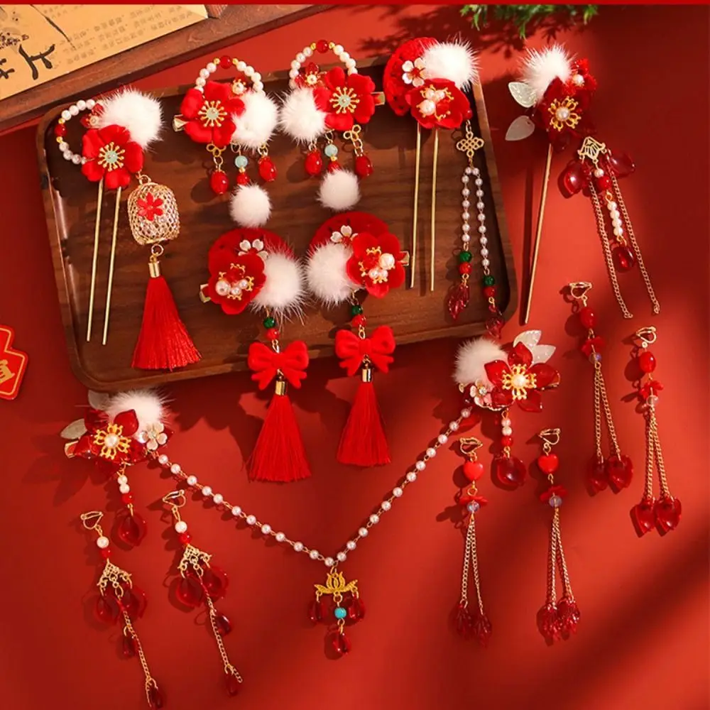 Ancient Style New Year Chinese Style Hairpin Set Red Pearl Hanfu Hair Stick Earring Alloy Flower Hair Comb Hairstyle Design Tool