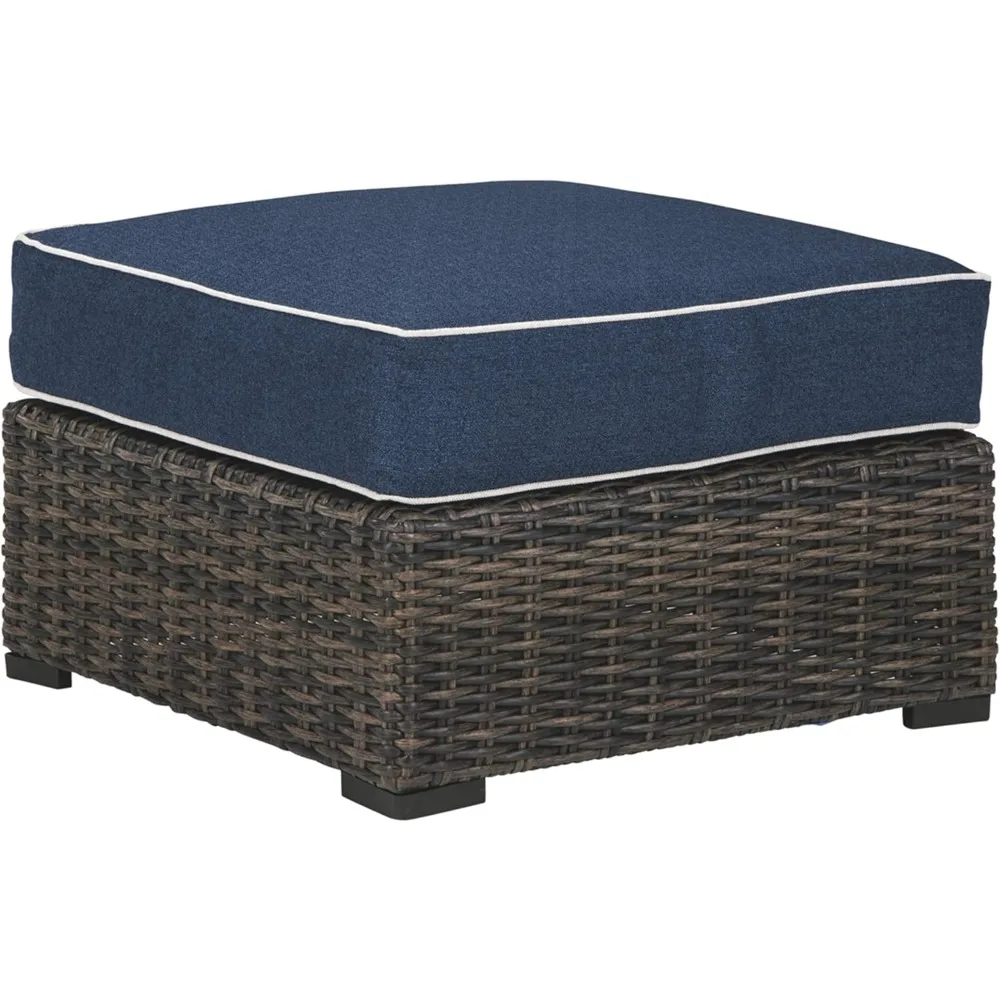 Grasson Lane Outdoor Patio Upholstered Ottoman with Wicker Base, Blue