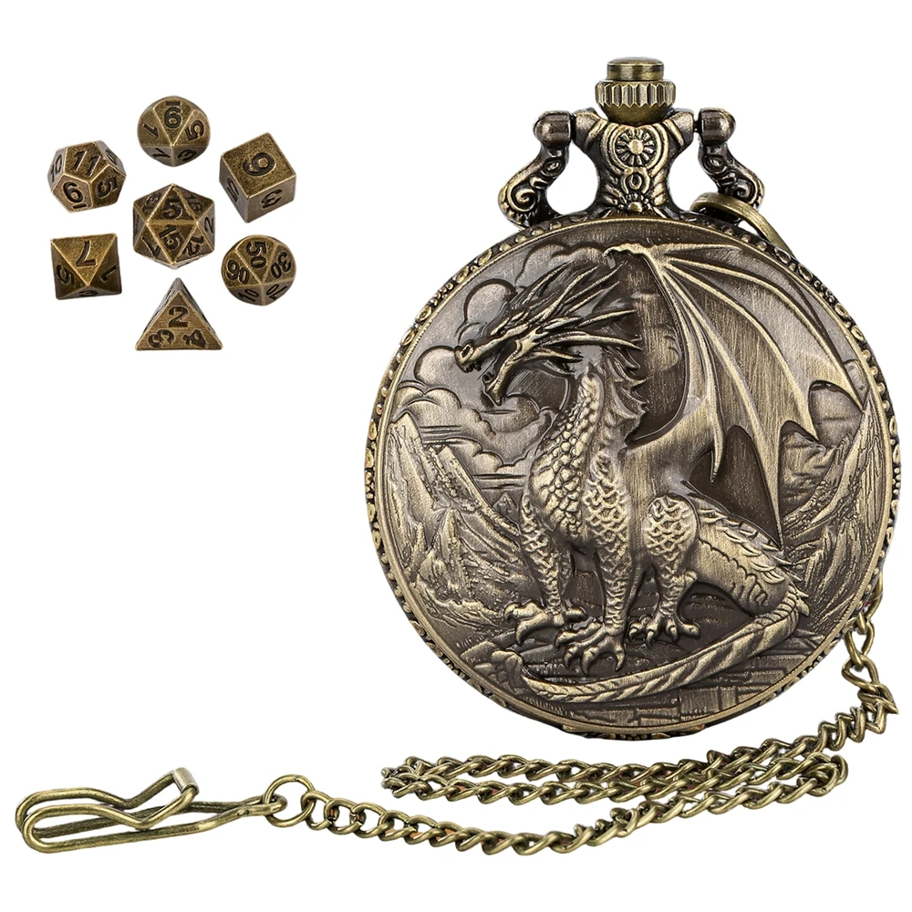 Mini DND Dice Set with Dragon Dice Pocket Watch Case With Keychain Tiny Mini Polyhedral Set Table Game Dice Storage