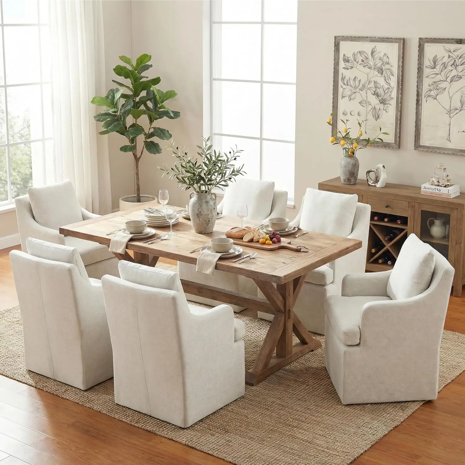 Upholstered Dining Chairs Set of 6, Dining Room Chairs with Casters