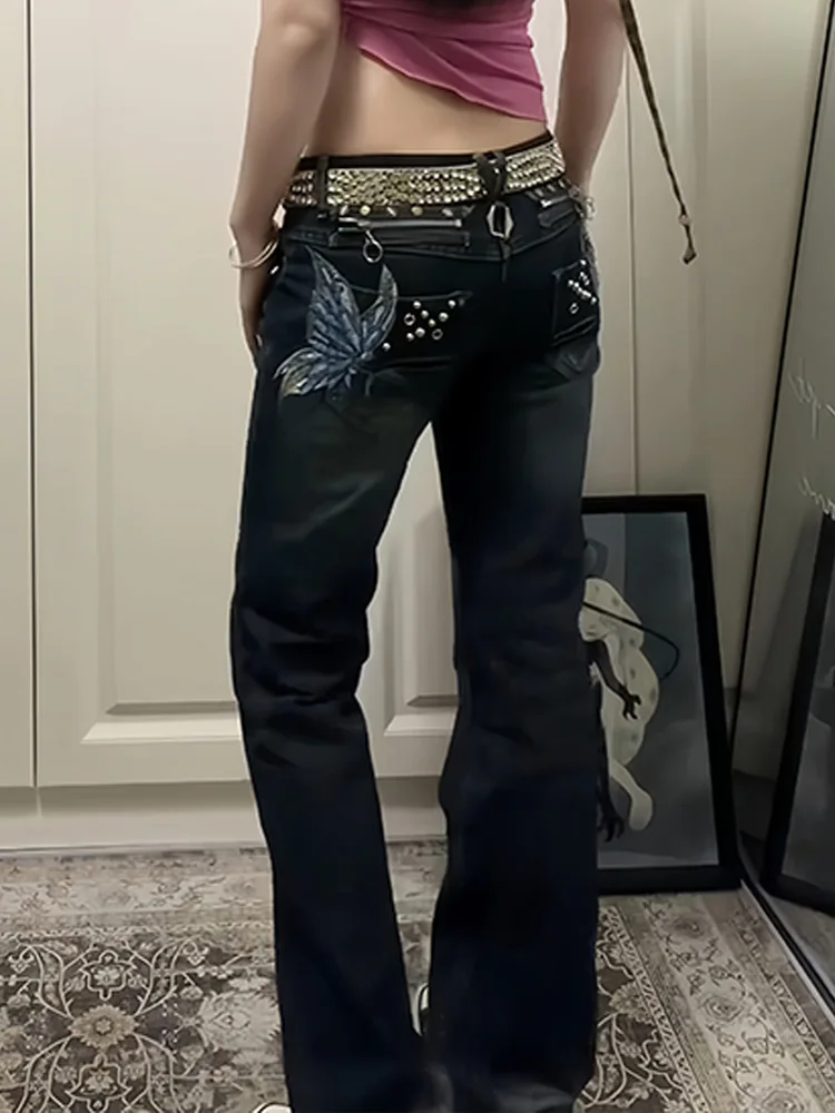 

Джинсы с низкой талией и вышивкой в американском стиле для женщин, летние, винтажные, Y2K, миллениум, утягивающие, слегка расклешенные, длинные брюки