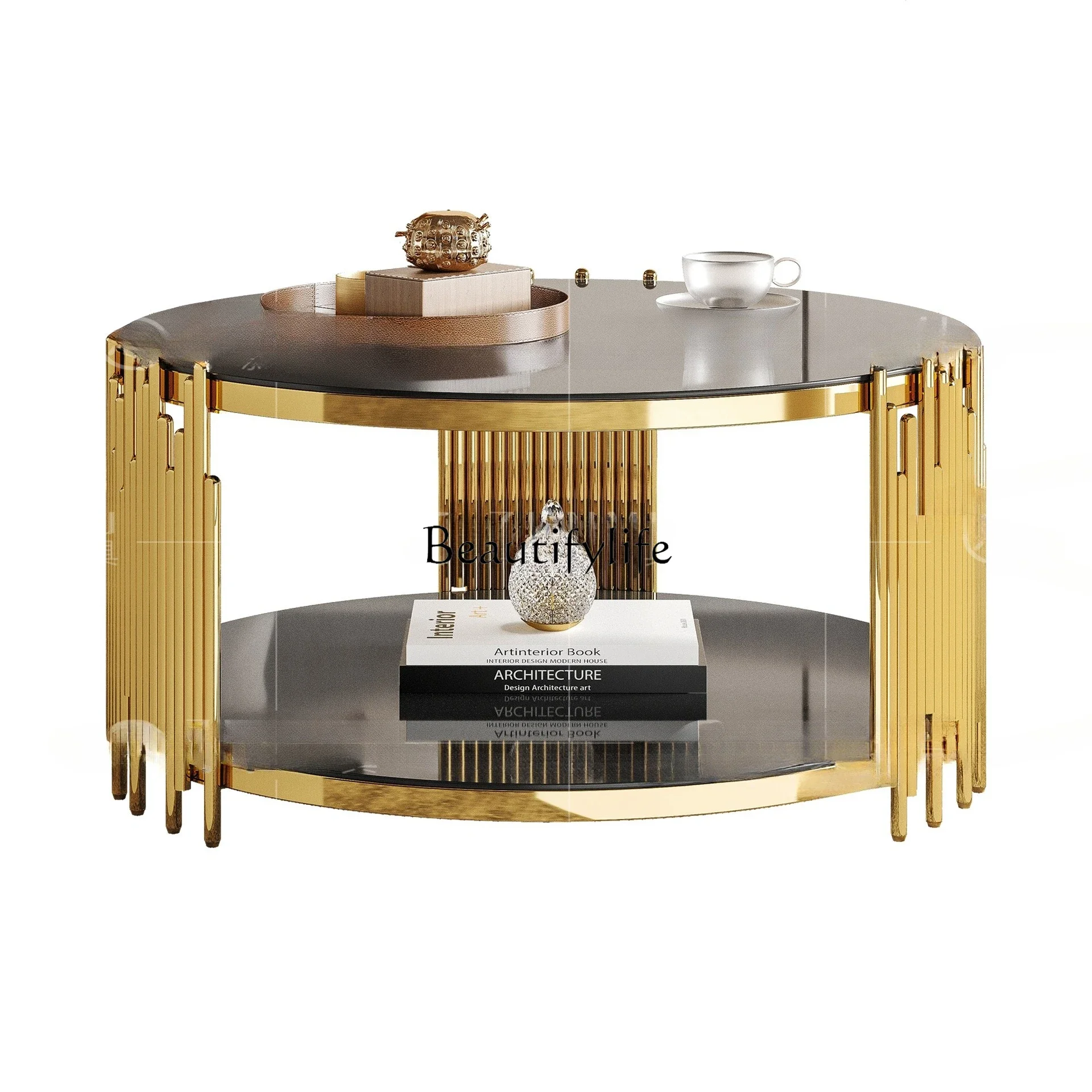 

12Modern Light Luxury Glass Coffee Table Living Room Creative Minimalist Stainless Steel Round Corner Table