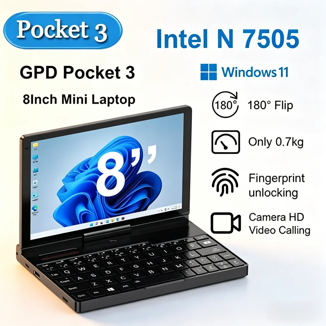 Blazing Premium GPD Pocket 3 Mini Laptop 8-Inch Intel Gold 7505 16GB 512GB SSD Windows 11 Handheld Notebook with Full-featured M