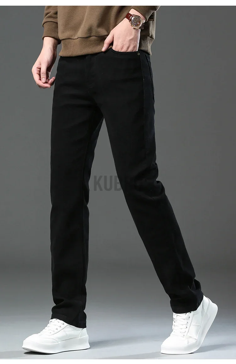 Markenmode, lockere, gerade geschnittene Business-Casual-Stretch-Jeanshose für Herren, Markenhose in 3 Farben, Übergröße, Herrenbekleidung, schmale Jeans – Detail 9
