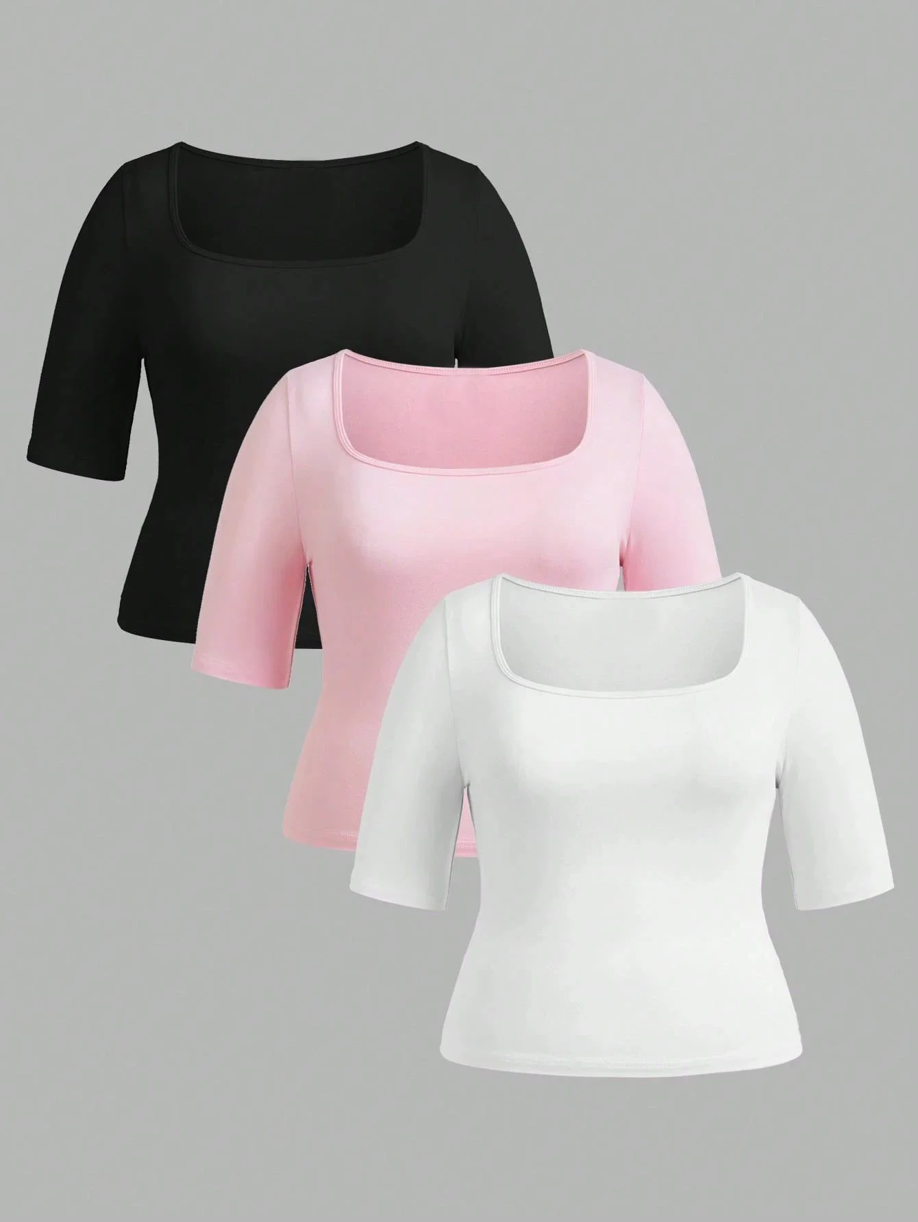 

Plus Size 3 Pack Square Neck Elbow Sleeve Fitted Crop Top