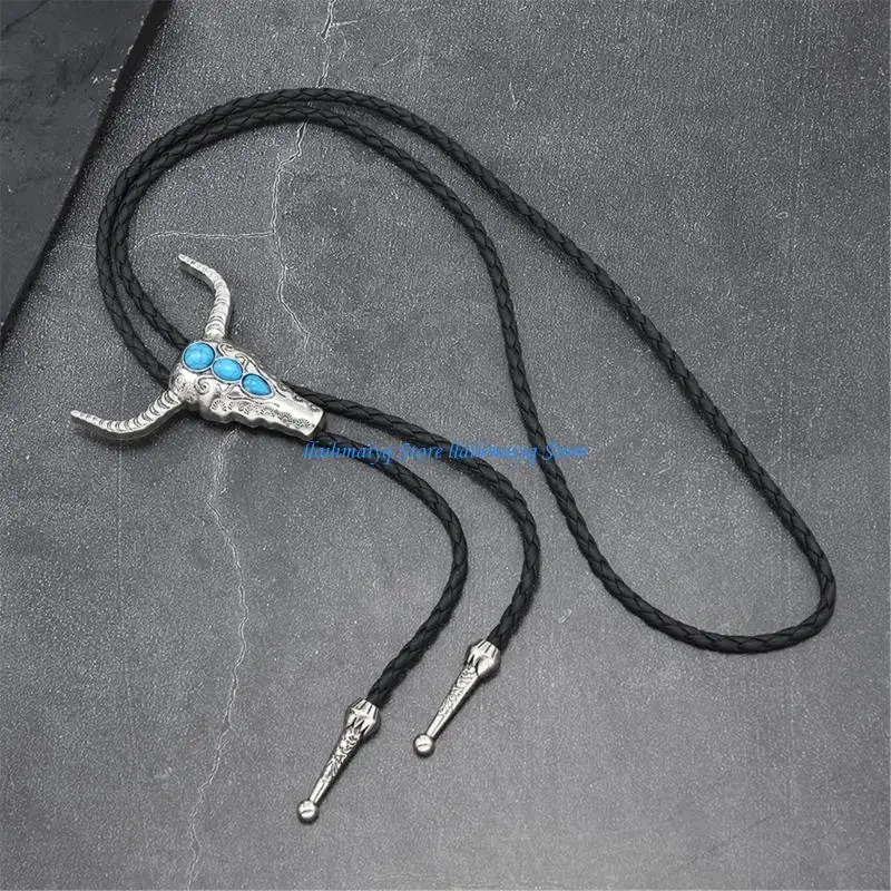 

573B Vintage Western Cowboy Bolo Tie Bullhead Stone Necktie Punk Lariat Necklace Costume Accessory Bolo Tie Western