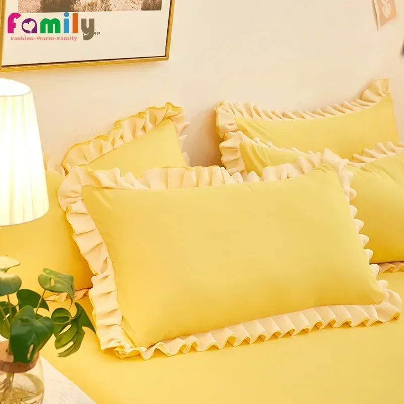 2Pcs French Style Ruffle Pillowcase Cotton Envelope Pillow Cover Princess Frilled Pillow Sham for Bedroom, No Pillow Insert
