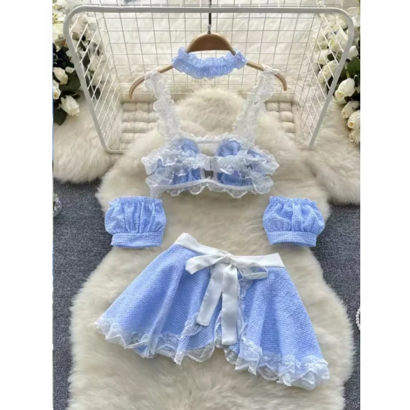 Women's Y2k Japanese Hotsweet Bow Strap Camisole Crop Tops+Mini Skirts Sets Patchwork Lace Plaid Kawaii Cute Sexy Club Suits New