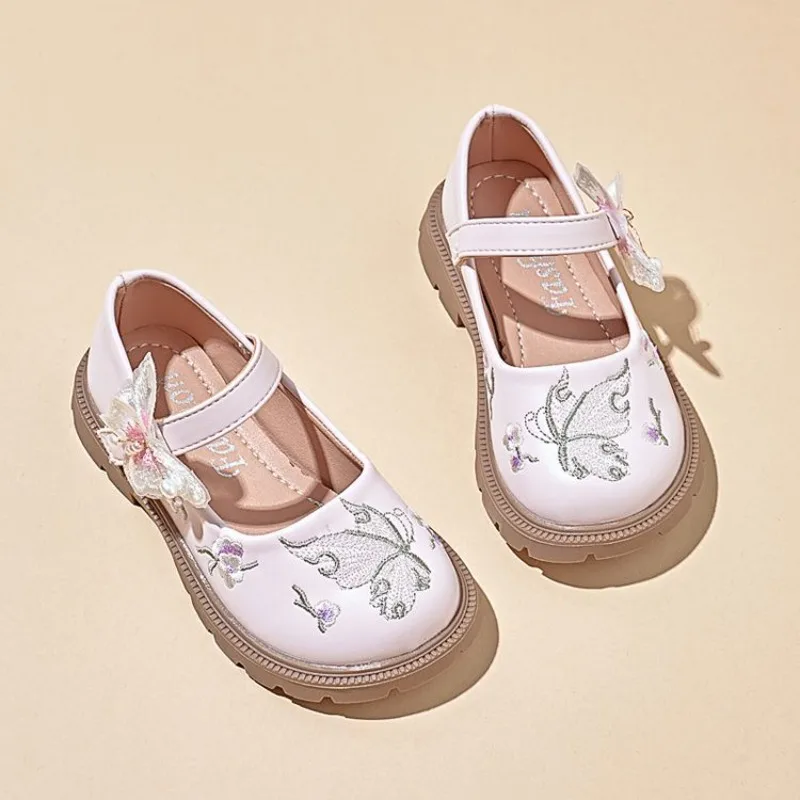 Sweet Embroidery Chinese Style Low Top Leather Shoes for Girls 2026 Spring Autumn Soft Sole Kids Fashion Footwear